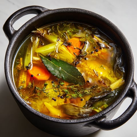 Bouillon de légumes anti-gaspi (verts de poireaux et épluchures) dans un bol noir.