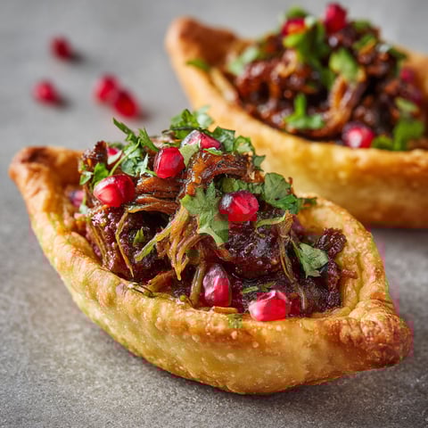 Petites barquettes fourrées à l'agneau confit.