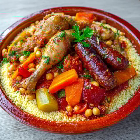 Une casserole de poulet et de merguez facile, avec des légumes et des légumes verts, est servie dans un bol coloré.
