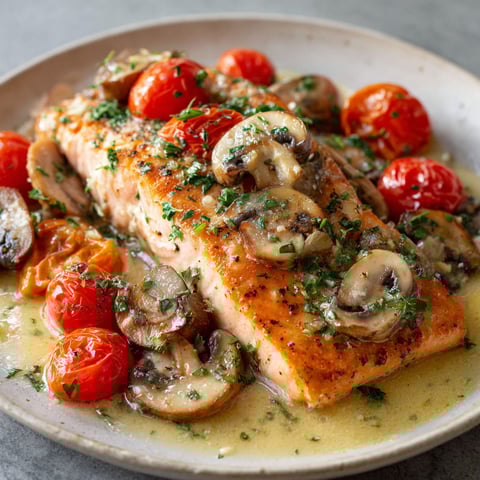 Une poêle de saumon avec des tomates et des champignons, accompagnée d'une sauce au citron.