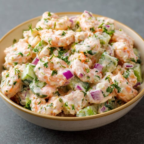 Salade de Crevettes Crémeuse et Croquante, une salade délicieuse avec des légumes frais et des crevettes.