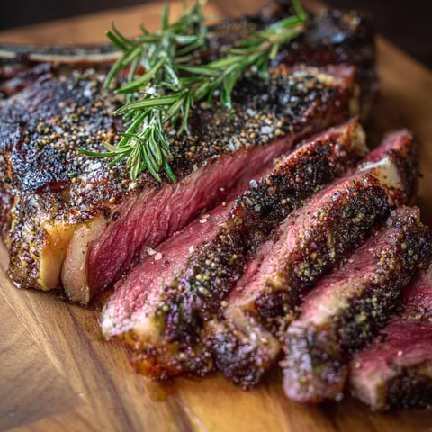 Une viande de bœuf grillée avec des herbes et du sel.