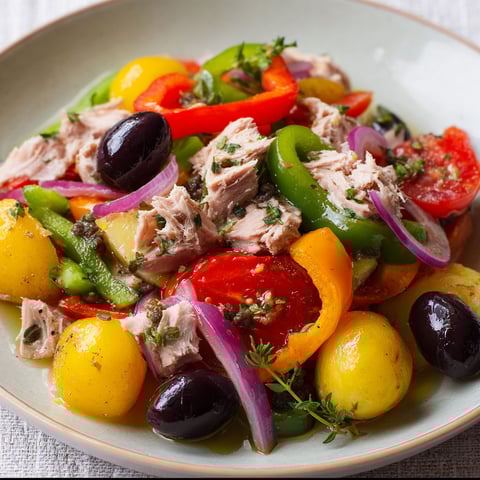 Une salade niçoise colorée et délicieuse, composée de tomates, de concombre, d'olives, de thon et de pâte à tartiner.