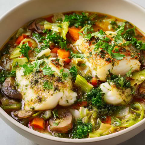 Merlan et légumes au bouillon dans un bol.