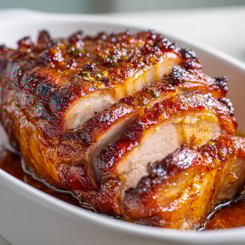 Un morceau de porcelet rôti au miel et aux épices, présenté dans un plat.