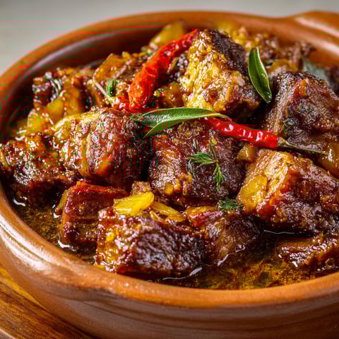 Un plat de ragoût de porc aux épices créoles, avec des épices rouges et des herbes vertes.