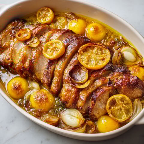 Une rouelle de porc au citron confit est servie dans un bol sur une table.