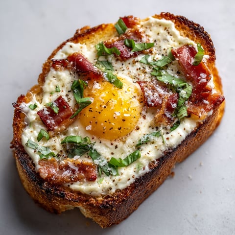 Une bruschetta perdue façon carbonara, avec une omelette au bacon et des herbes.