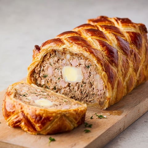 Une portion de Pain de veau en croûte est servie sur une planche de bois.