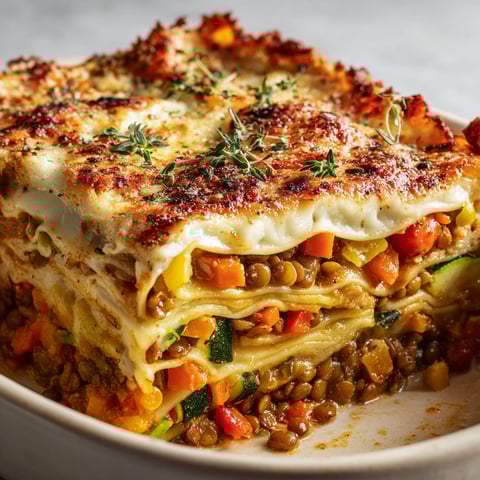 Un plat de lasagnes végétariennes aux lentilles, avec des légumes et des herbes fraîches.