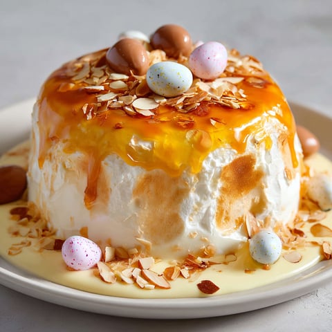 Une île flottante au caramel et œufs de Pâques, garnie de marrons et de sucre glace, est servie sur un plateau.