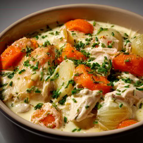 Une assiette de blanquette de dinde aux oignons grelots et jeunes carottes.