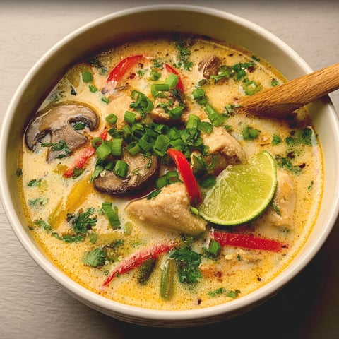 Une soupe thaïe au poulet est servie dans un bol.
