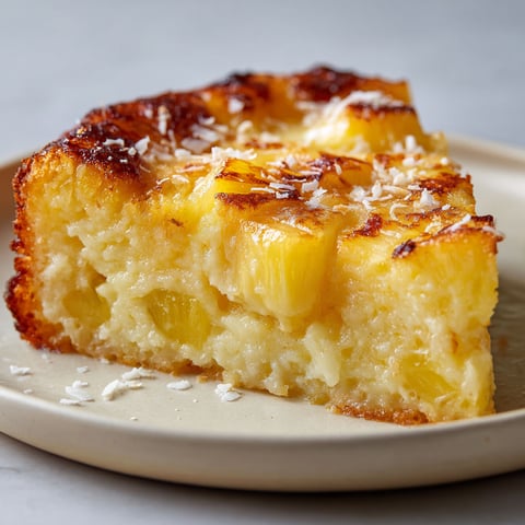 Une portion de clafoutis à l'ananas et noix de coco sur un plateau.