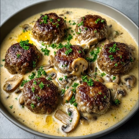 Boulettes de viande de bœuf dans une sauce crémeuse aux champignons.