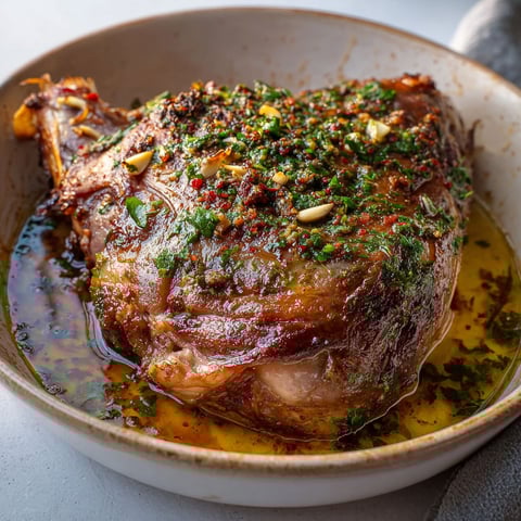 Une épaule d'agneau grillée avec une sauce au persil et au citron.