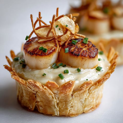 Un dessert de vol-au-vent aux Saint-Jacques, topinambour et chips de salsifis.
