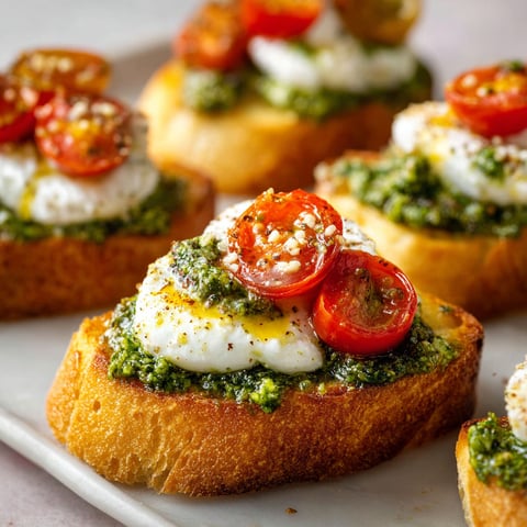 Crostini burrata-pesto prêts en 10 minutes.