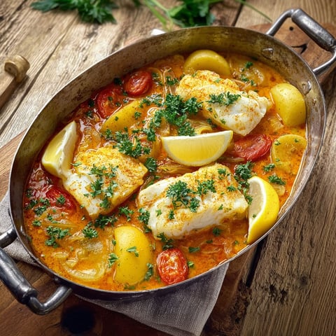 Une casserole de morue en bouillabaisse est servie sur une table.