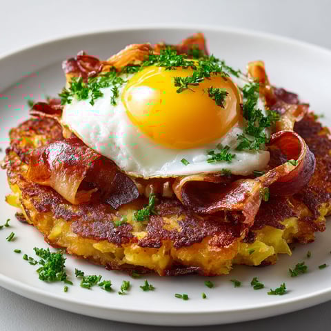 Une galette aux deux pommes et bacon, avec un oeuf au centre.