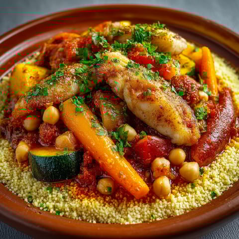 Une assiette de couscous de lotte au safran, avec des légumes et des épices, est servie sur une table.