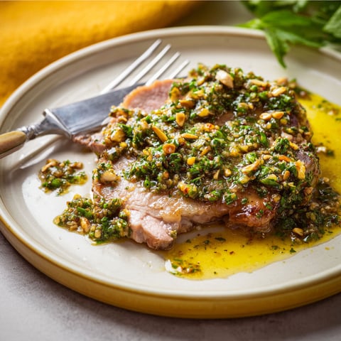 Une assiette de tranches de gigot d'agneau et gremolata au citron confit.