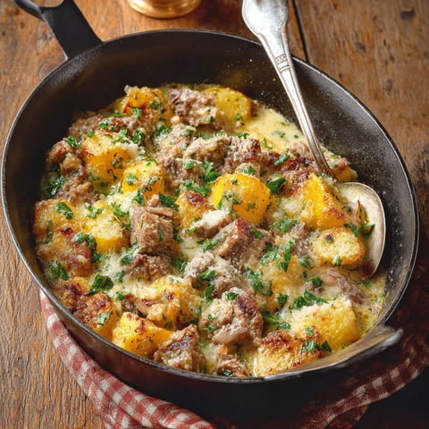 Une casserole d'agneau au four, vin blanc et pecorino, est servie dans un bol en fer.