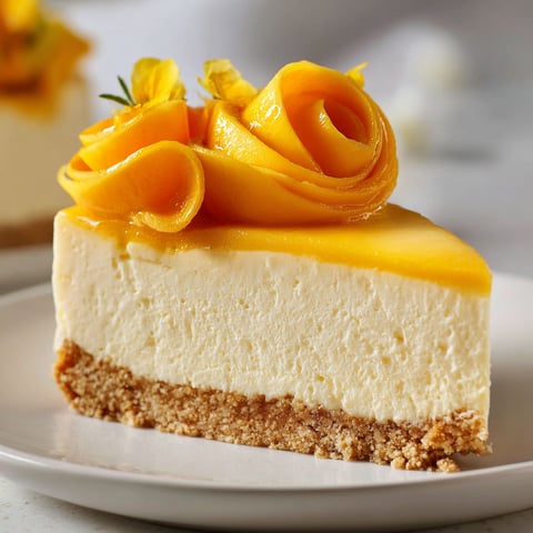 Une portion de gâteau mousse au yogourt et mangue sur un plateau.