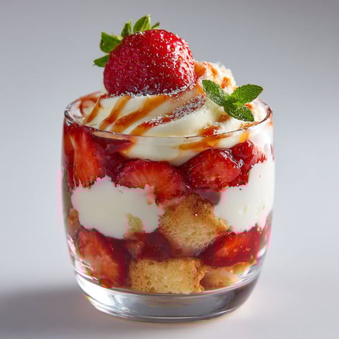 Un verrine de fraises et de mascarpone avec une sauce balsamique.