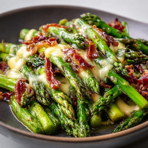 Une poêlée d'asperges vertes et coppa, avec des bacon et du fromage, est servie dans un plat.