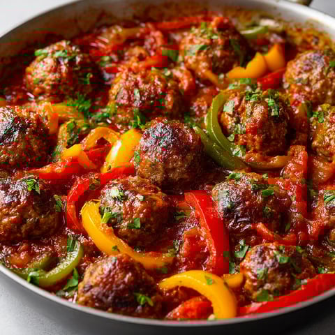 Boulettes de viande en sauce aux poivrons, une recette savoureuse et colorée.