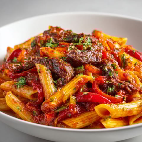 Une assiette de pâtes au steak et poivrons grésillants, servie sur une table blanche.