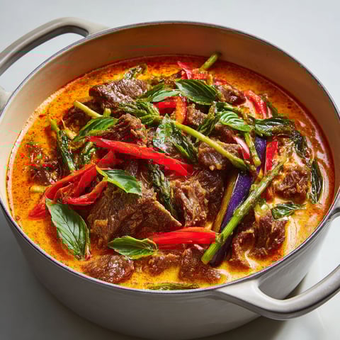 Un plat de boeuf braisé au cari rouge, avec des légumes verts et des épices, est servie dans un bol en métal.