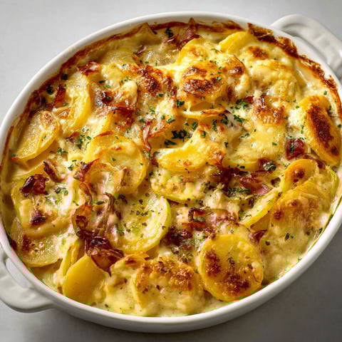 Tartiflette végétarienne gratinée au reblochon, pommes de terre fondantes et oignons légèrement dorés.