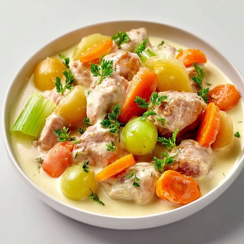 Une assiette de blanquette de veau avec des légumes et des herbes.