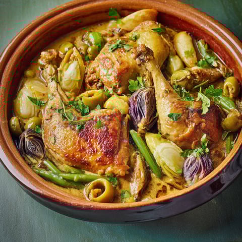 Un plat de pintade aux légumes de printemps.