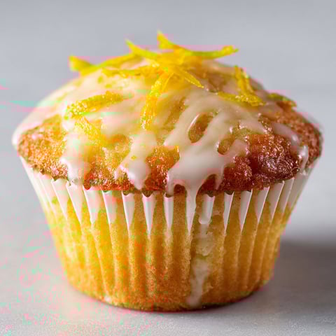 Un petit gâteau citronné sur une table blanche.