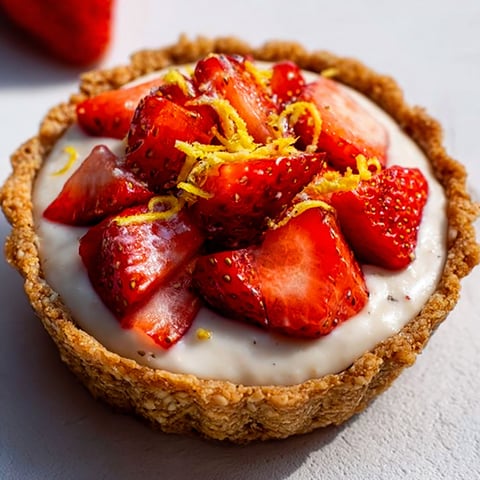 Une tartelettes aux fraises vegan est servie sur une table blanche.
