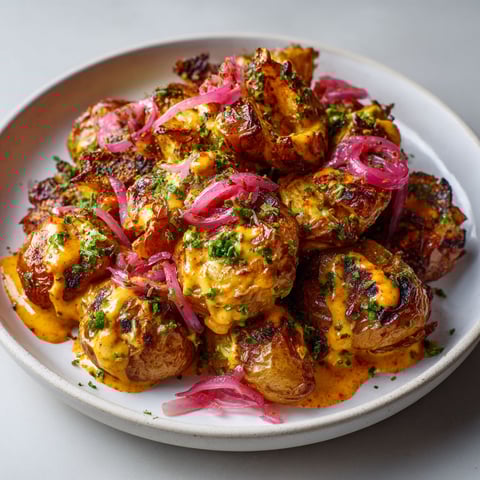 Une assiette de pommes de terre tapées et mayonnaise épicée au citron, servies sur une table.
