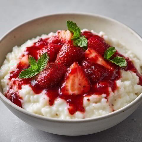 Un plat de riz au lait aux fraises, avec des fraises fraîches et des herbes vertes ajoutées.