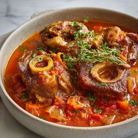 Un osso buco sans gluten est servie dans un bol en terre.