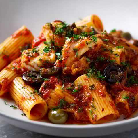 Une assiette de poisson ragoût avec des tomates et des olives.