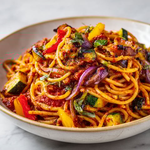 Pâtes italiennes associées à une ratatouille rôtie, parfumées aux herbes méditerranéennes et à l’huile d’olive.
