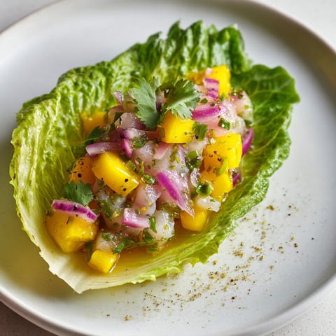 Une tartare de daurade, mangue et coriandre est servie sur un plateau en verre.