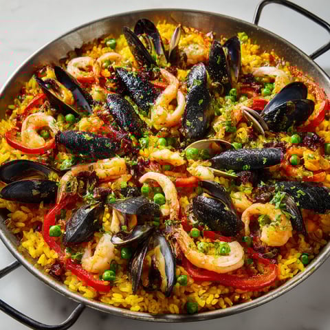 Une paëlla de moules à la catalane, avec des pommes, des tomates, des pois et des crevettes, est servie sur un plateau.