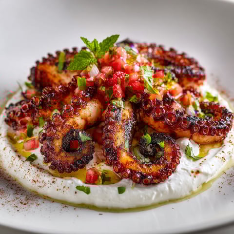 Une plaque de poulpe grillé et fraises, accompagné d'une sauce blanche.