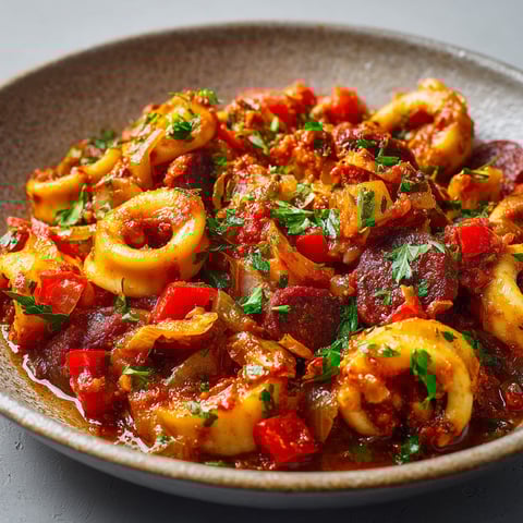 Une fricassée de calamar au chorizo est servie dans un bol.
