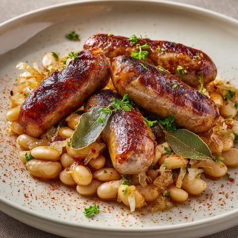 Une assiette de saucisses catalanes et haricots blancs frits.