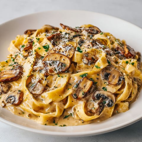 Une plate de tagliatelle aux champignons, ail et de parmesan, servie sur une table.