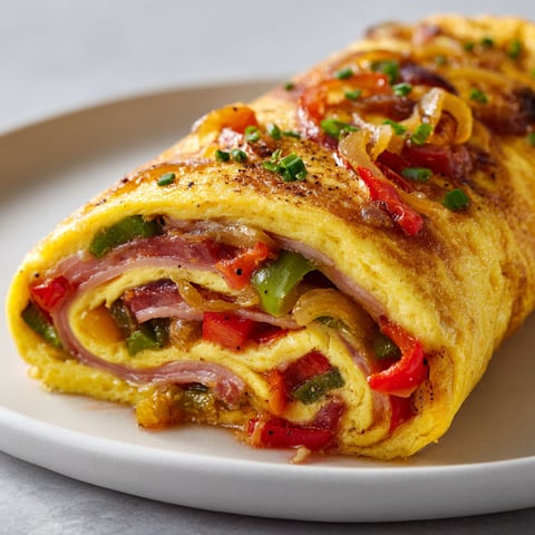 Un omelette roulé au jambon de Bayonne est présenté sur un plateau.